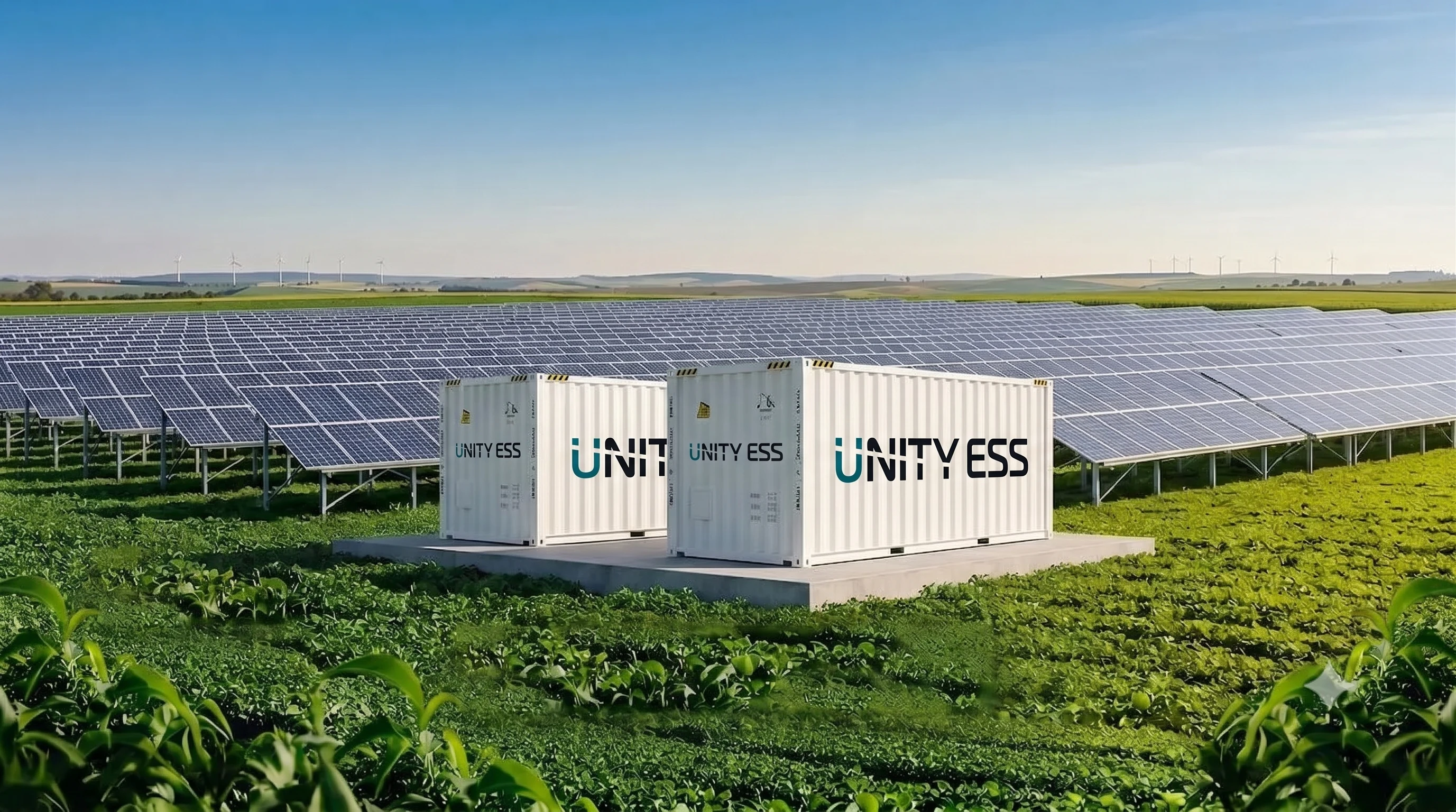 UnityESS containers in a farmland solar field