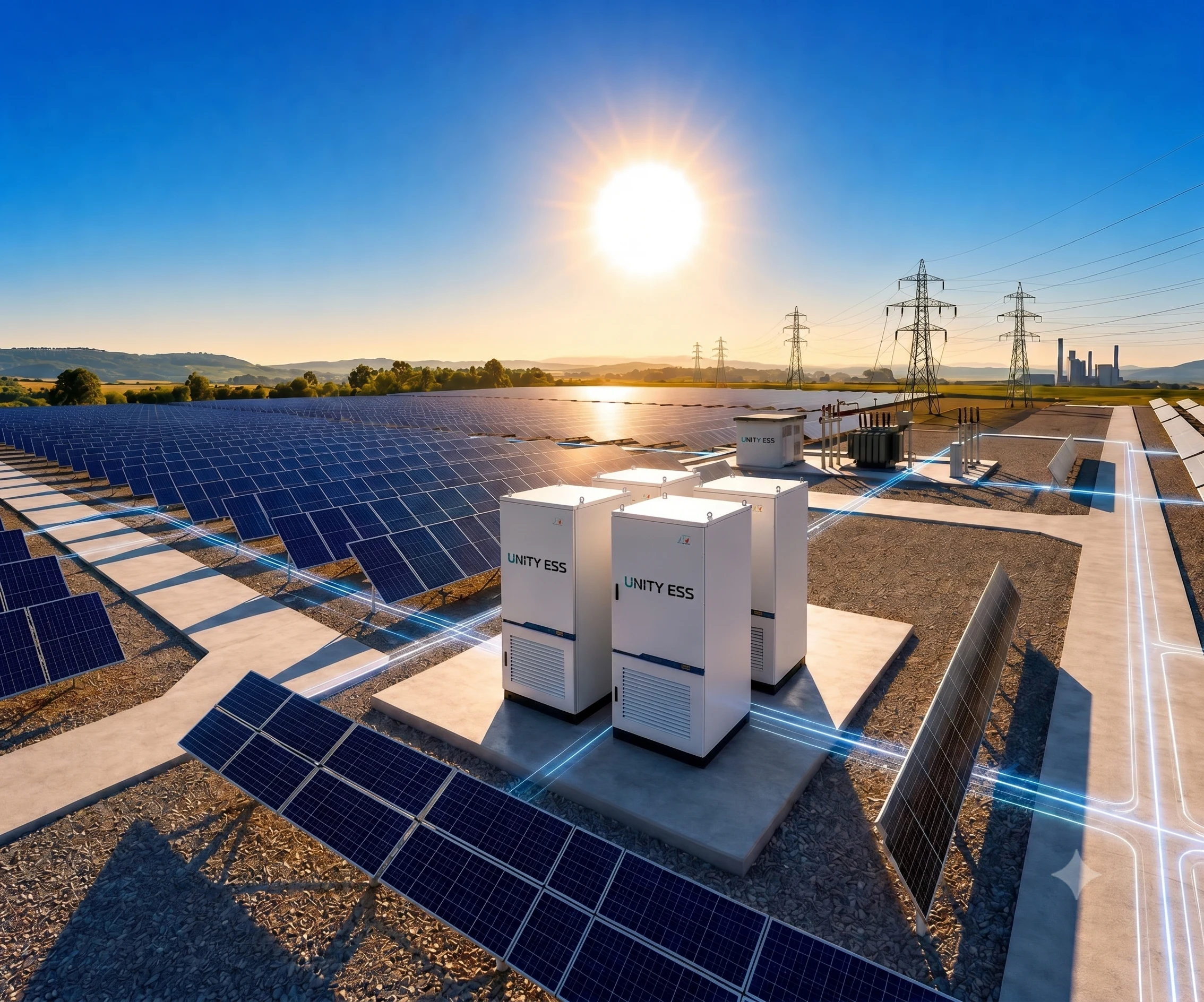 UnityESS storage cabinets on a solar site at sunrise