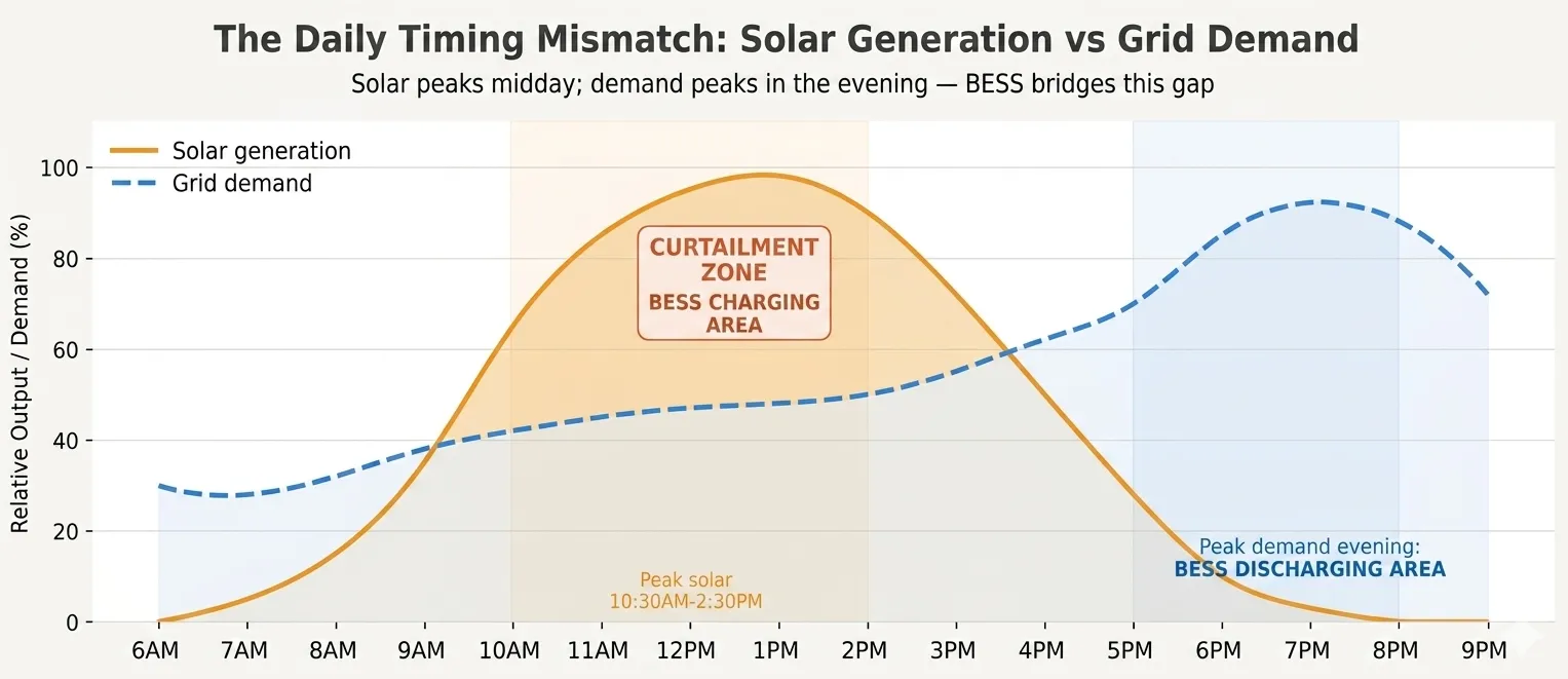 The daily timing mismatch between solar generation and grid demand — solar peaks midday, demand peaks in the evening